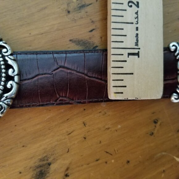 Reversible Women's Brown & Black Leather Belt, Scrollwork Buckle Mock Crock Boho - Picture 9 of 13